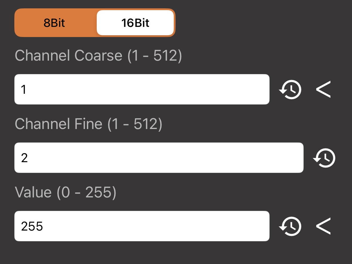 Art-Net Value command configured for 16-bit coarse channel 1, fine channel 2, and value 255