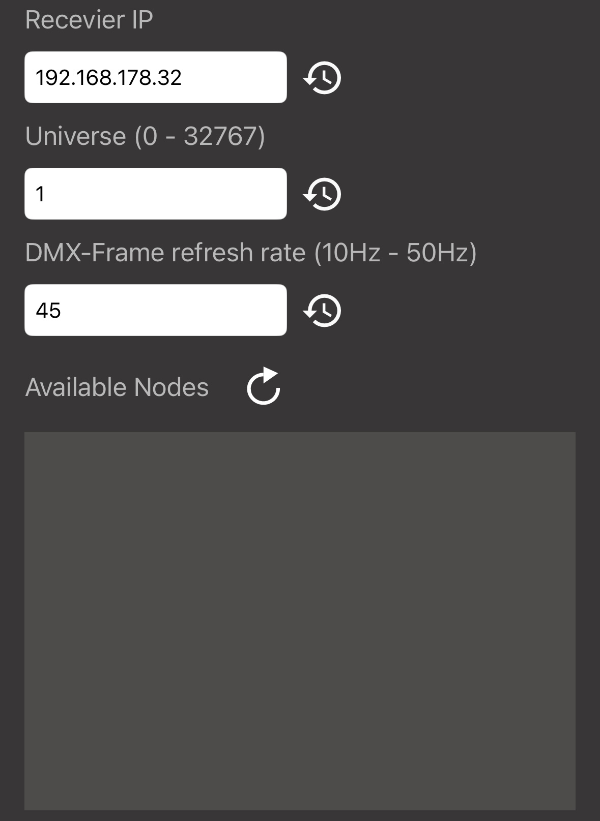 DeviceJockey Art-Net interface settings with Receiver IP, universe, DMX frame refresh rate, and Available Nodes