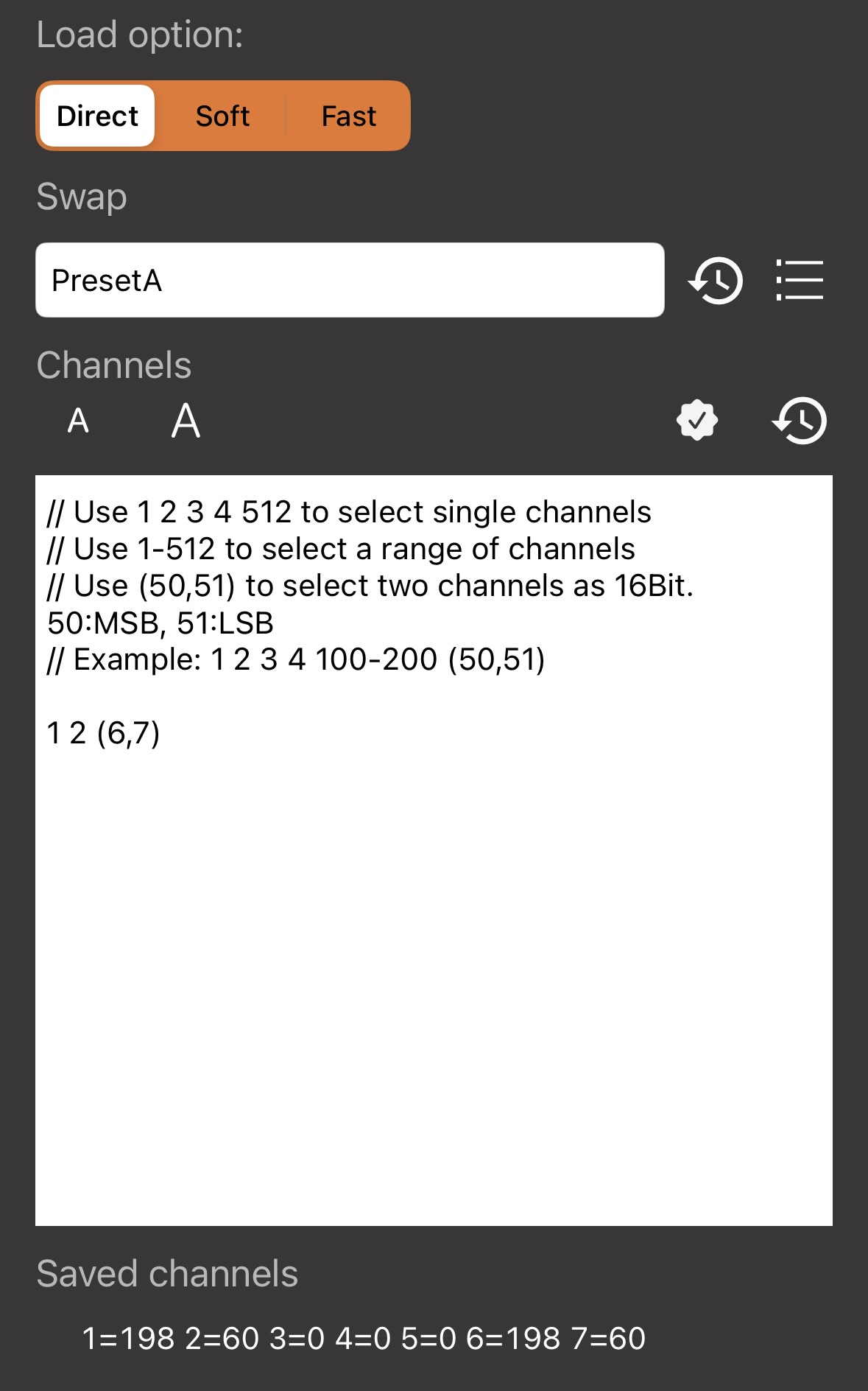 Art-Net Load DMX command with Direct, Soft, and Fast options, Swap selection, channel selection, and saved channels