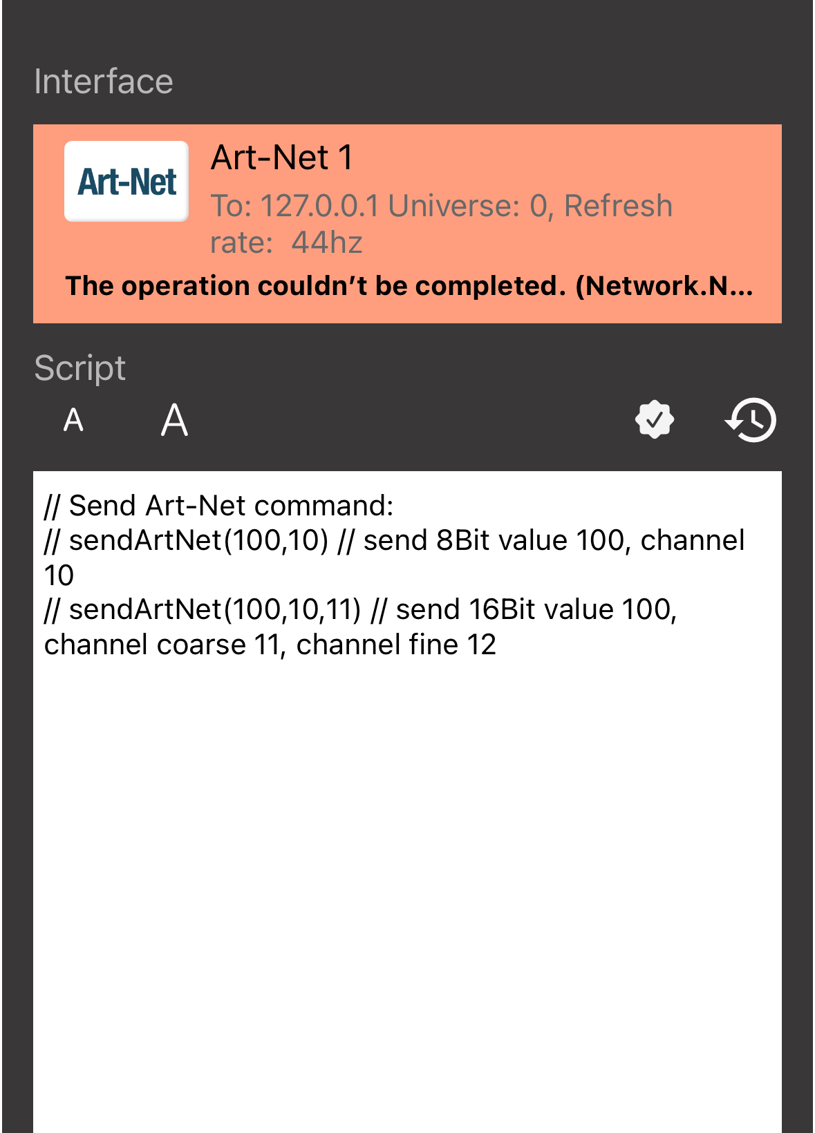 DeviceJockey Art-Net Script command editor showing sendArtNet examples