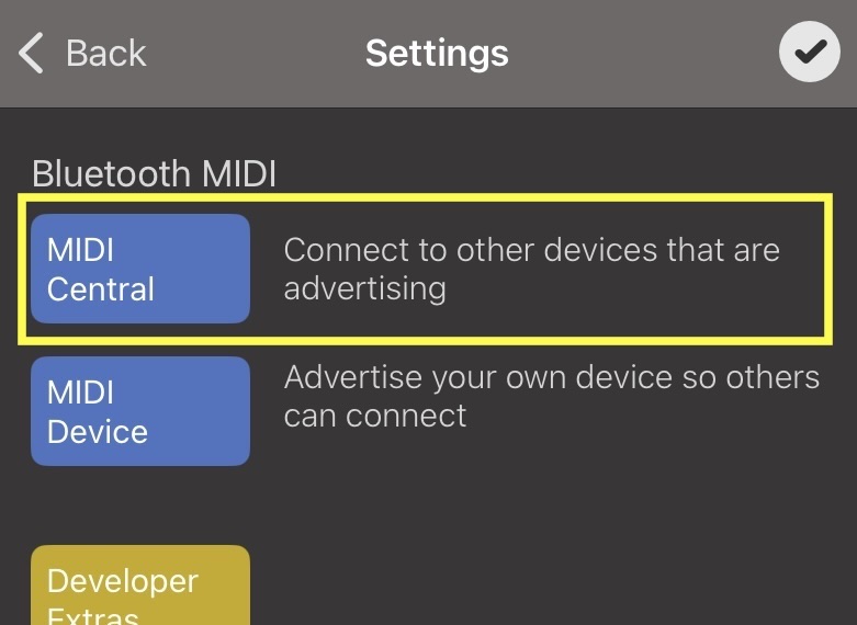 MIDI Central list with an available Bluetooth MIDI device