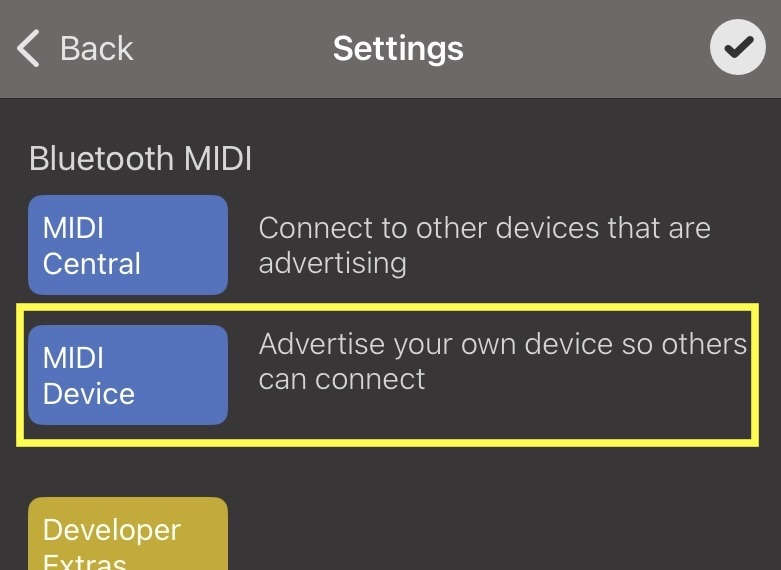 MIDI Device window advertising an iOS device over Bluetooth MIDI