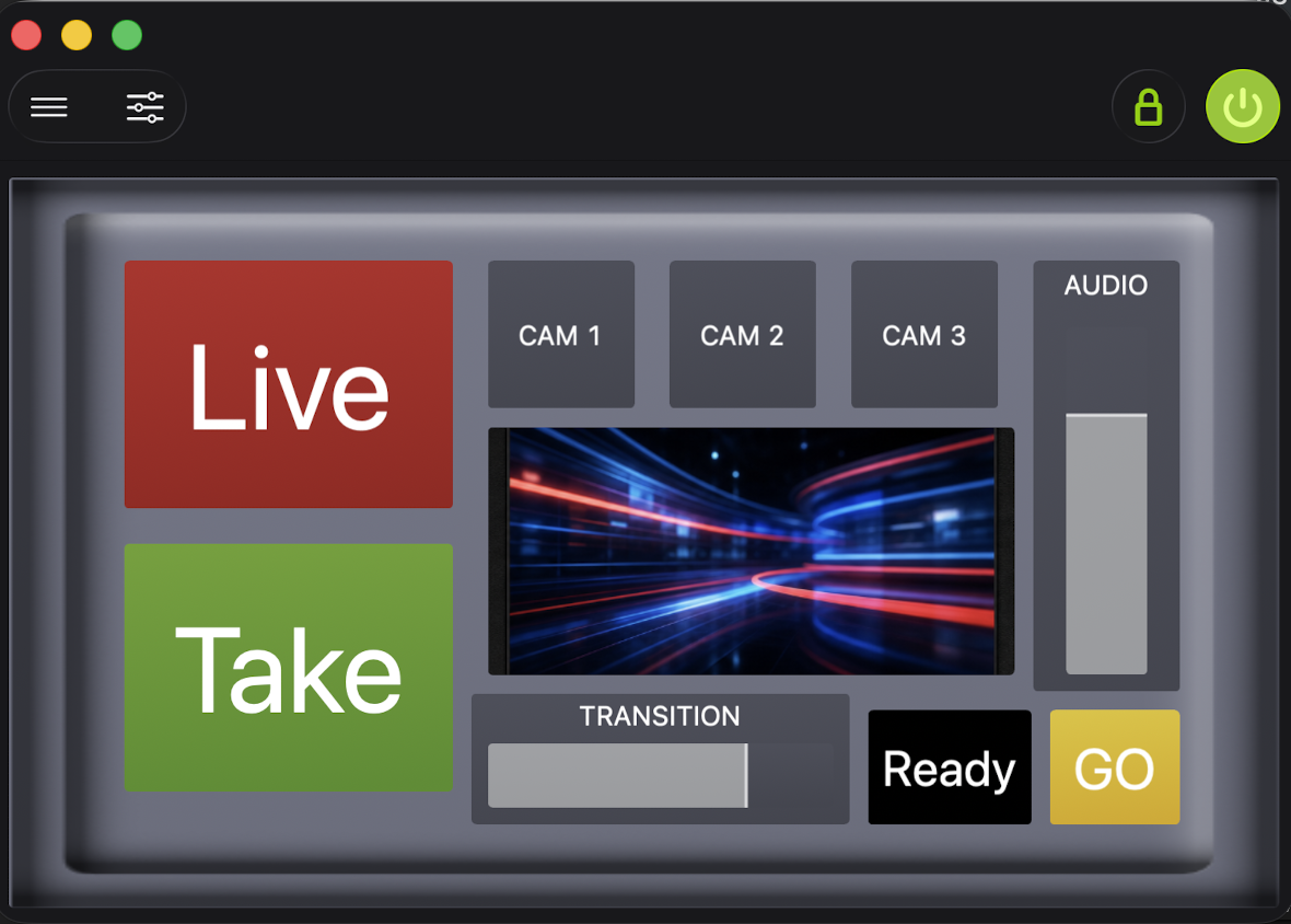 DeviceJockey show control panel with large Live and Take buttons, camera controls, audio and transition sliders, a Ready status label, colors, and an image preview