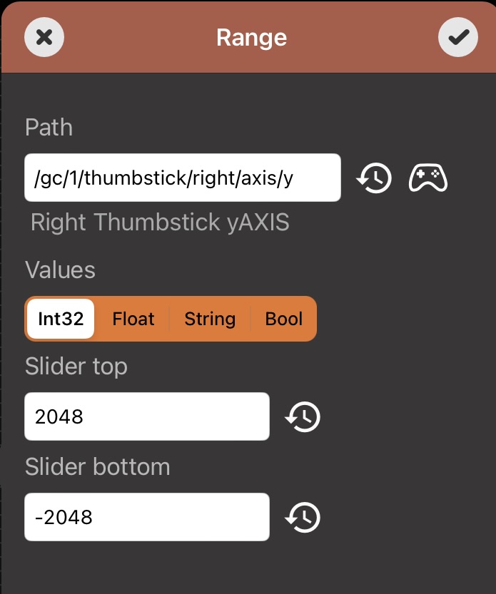 Range event configured for direct slider control with the right thumbstick Y axis