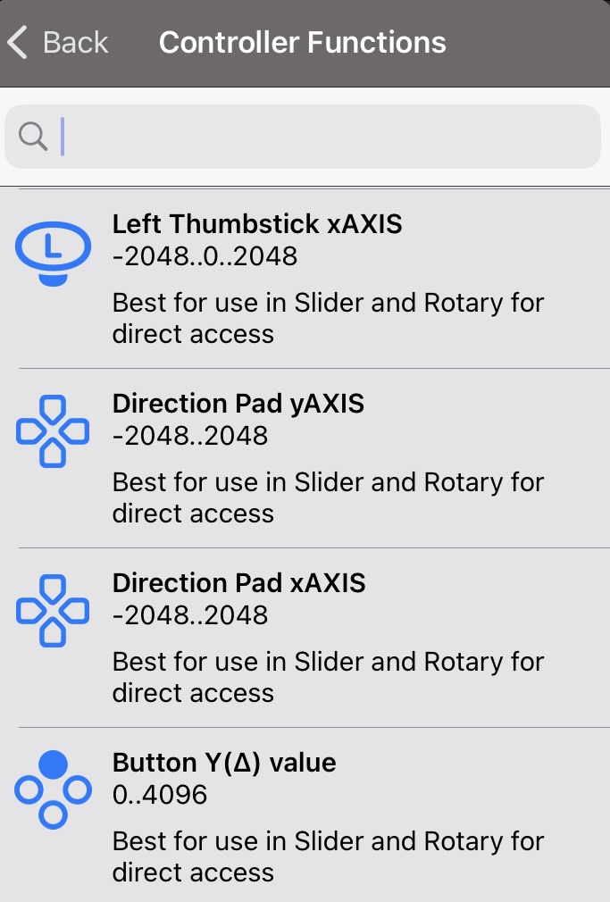 DeviceJockey list of controller functions with value ranges and recommended uses