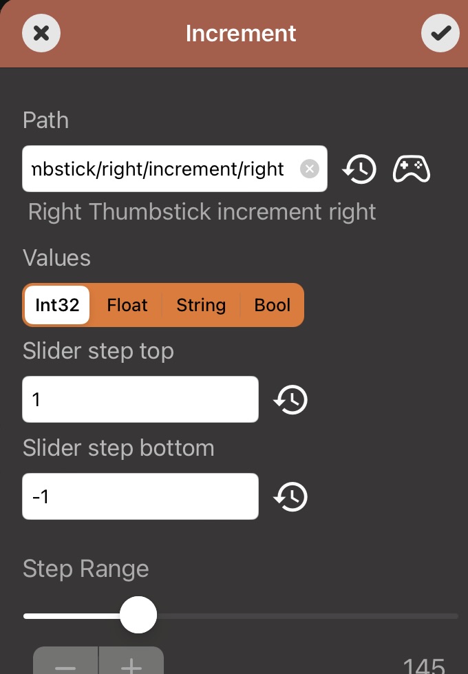 Increment event configured for right thumbstick rotation