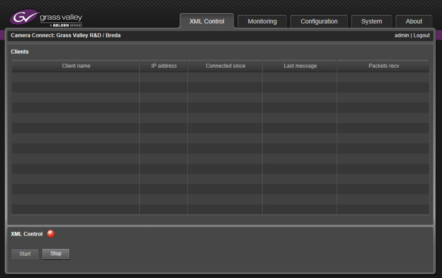 Grass Valley XML Control window showing connected clients