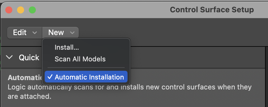Logic Pro Control Surfaces menu with Automatic Installation enabled