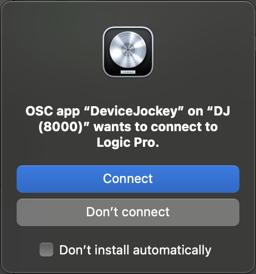 Logic Pro request to connect to the DeviceJockey control surface