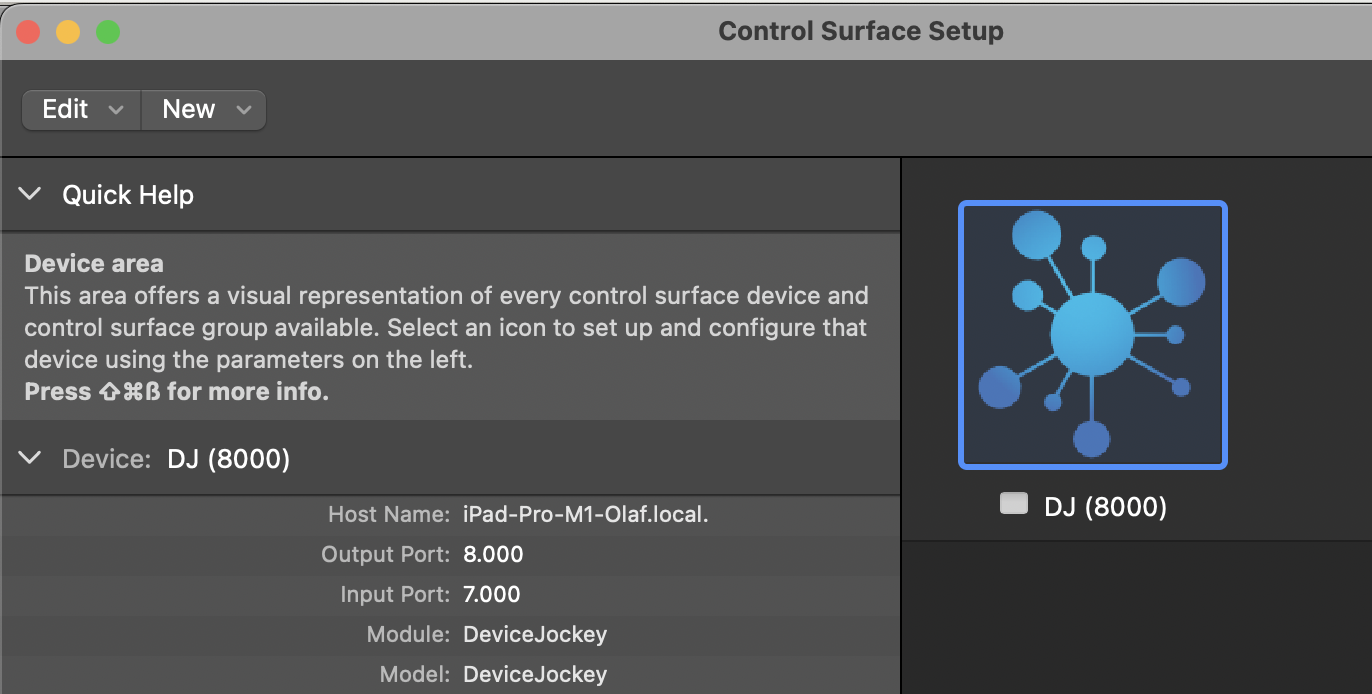 Logic Pro Control Surface Setup with DeviceJockey connected