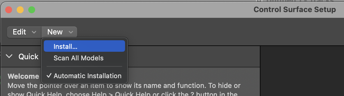 Logic Pro Control Surface Setup New menu with Install selected