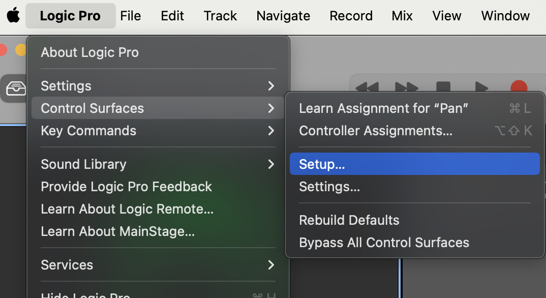 Logic Pro Control Surfaces menu with Setup selected