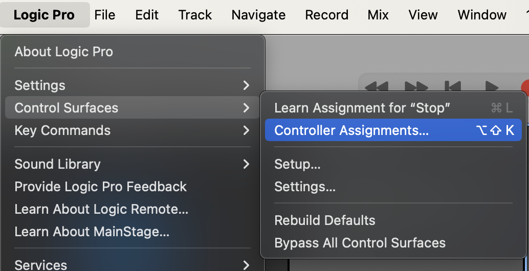 Logic Pro Controller Assignments with DJ port 8000 selected