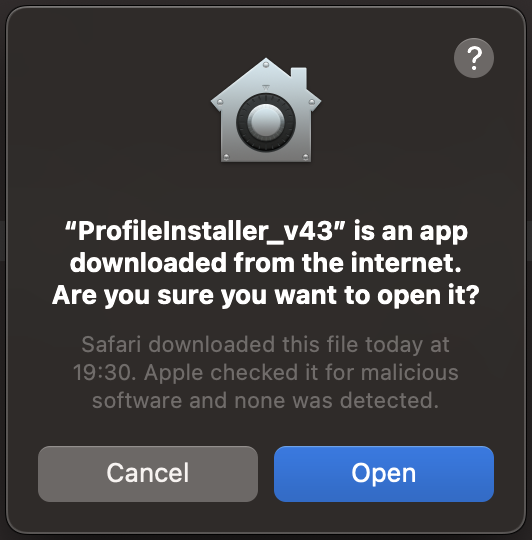 macOS confirmation for opening the downloaded DeviceJockey Profile Installer