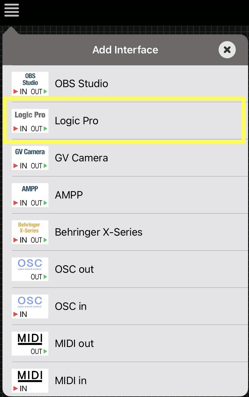 Logic Pro interface settings in DeviceJockey with port 8000