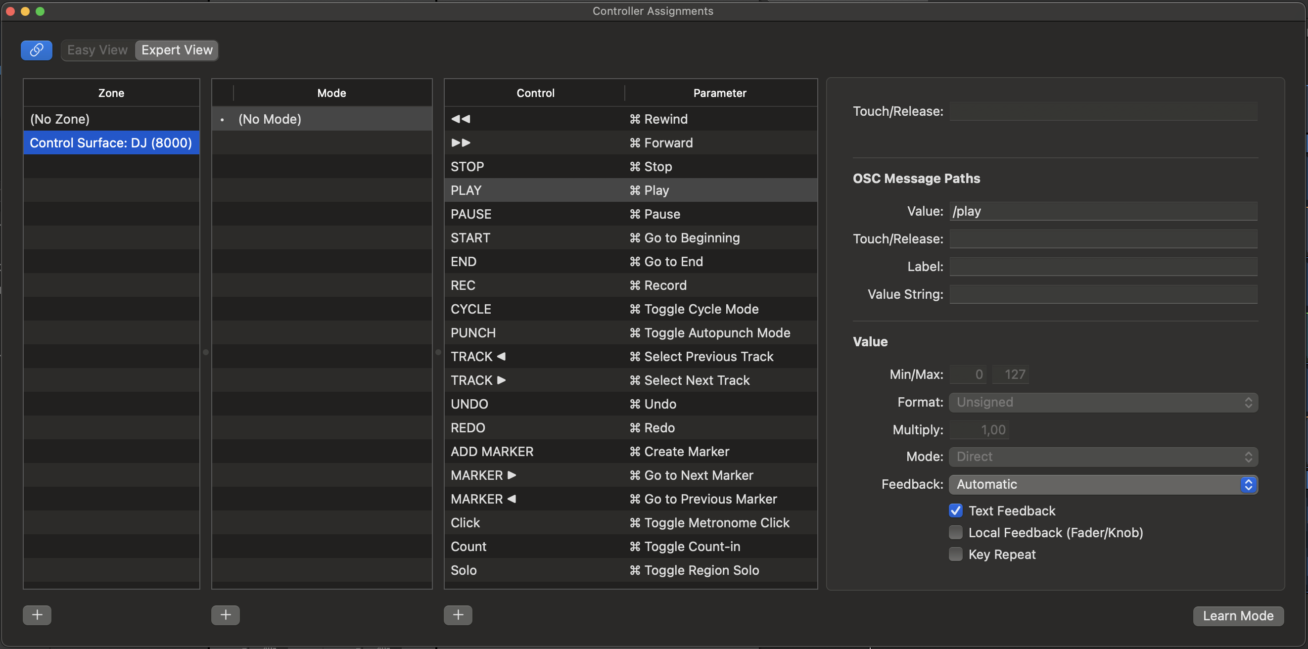 Logic Pro Controller Assignments showing predefined OSC Message Paths
