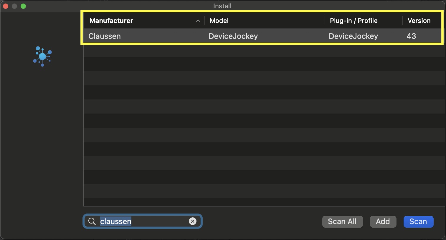 Logic Pro control surface installation list showing Claussen DeviceJockey