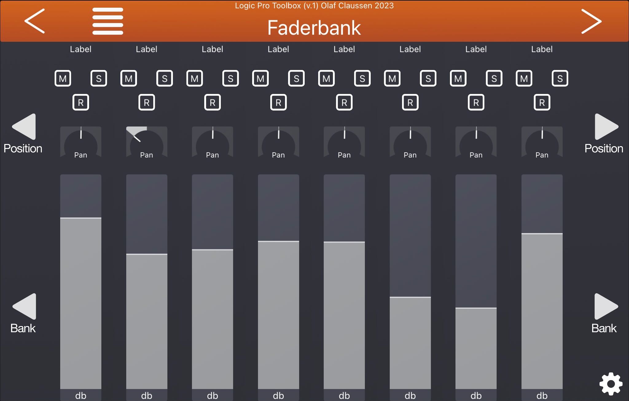 Logic Pro Toolbox Fader Bank panel with eight channel strips