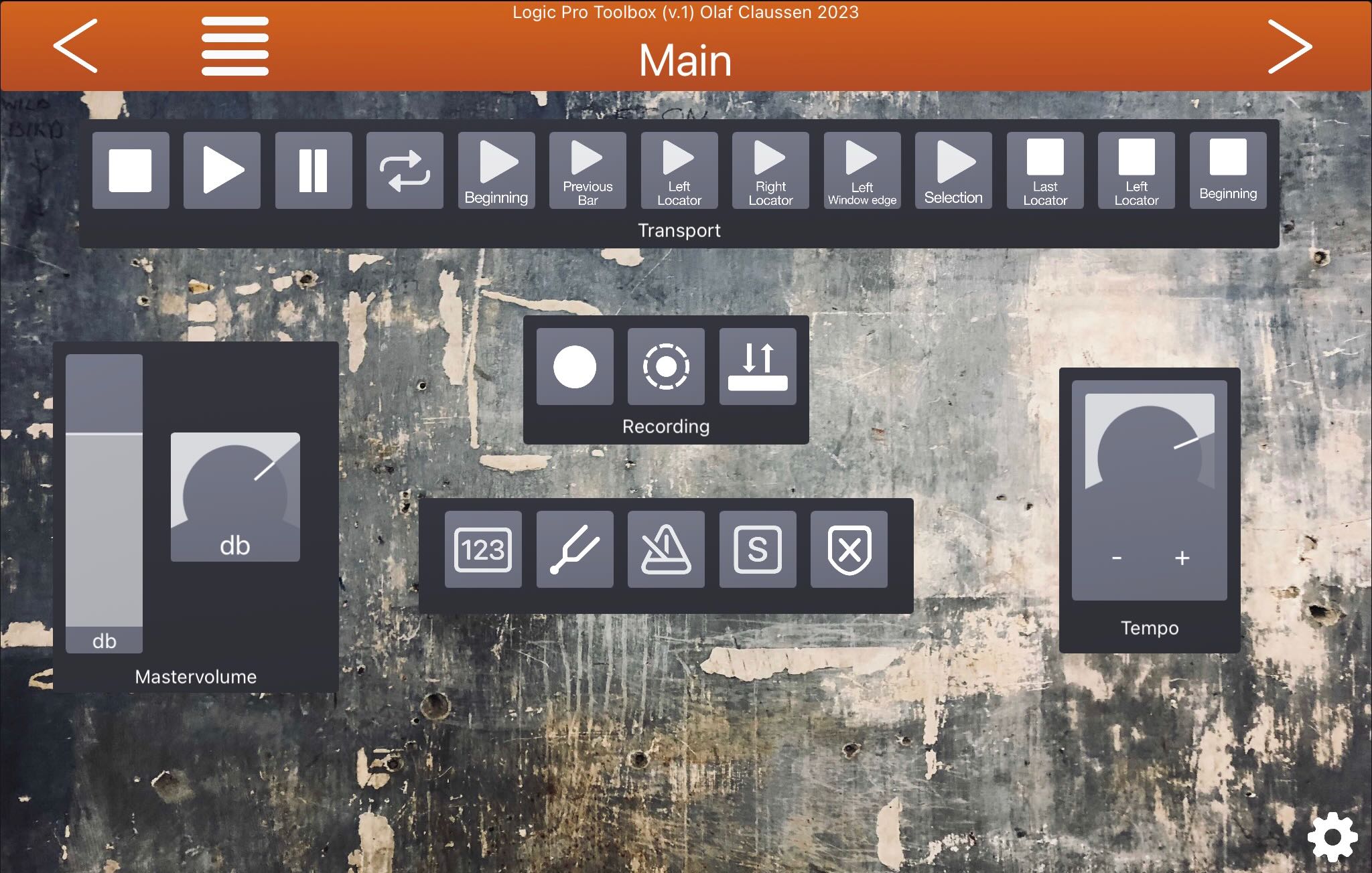 Main panel of the DeviceJockey Logic Pro Toolbox with transport, recording, master volume, and tempo controls