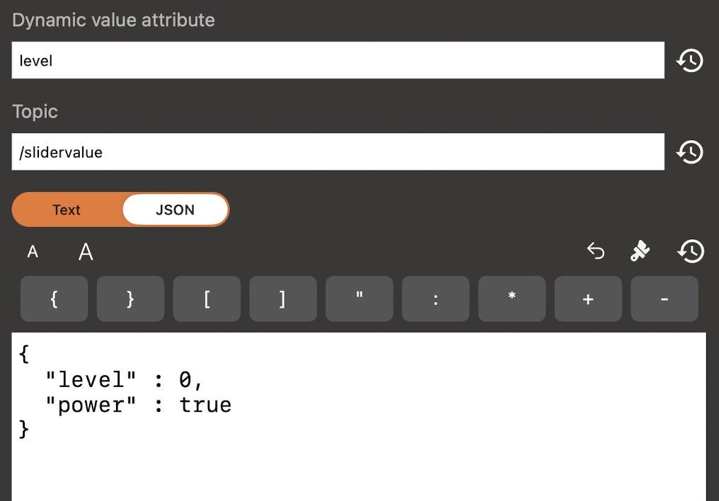 MQTT Range JSON editor with level entered as the Dynamic Value Attribute