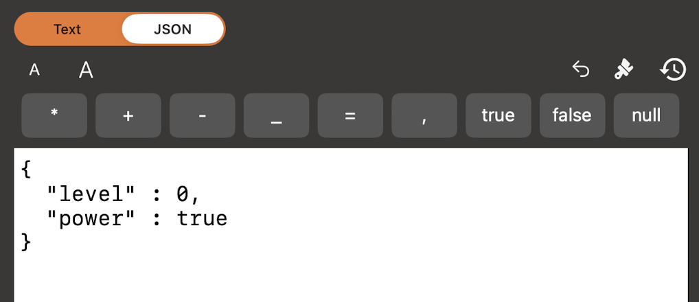 MQTT Message Editor in JSON mode with symbol bar, formatting, Undo, History, and JSON message