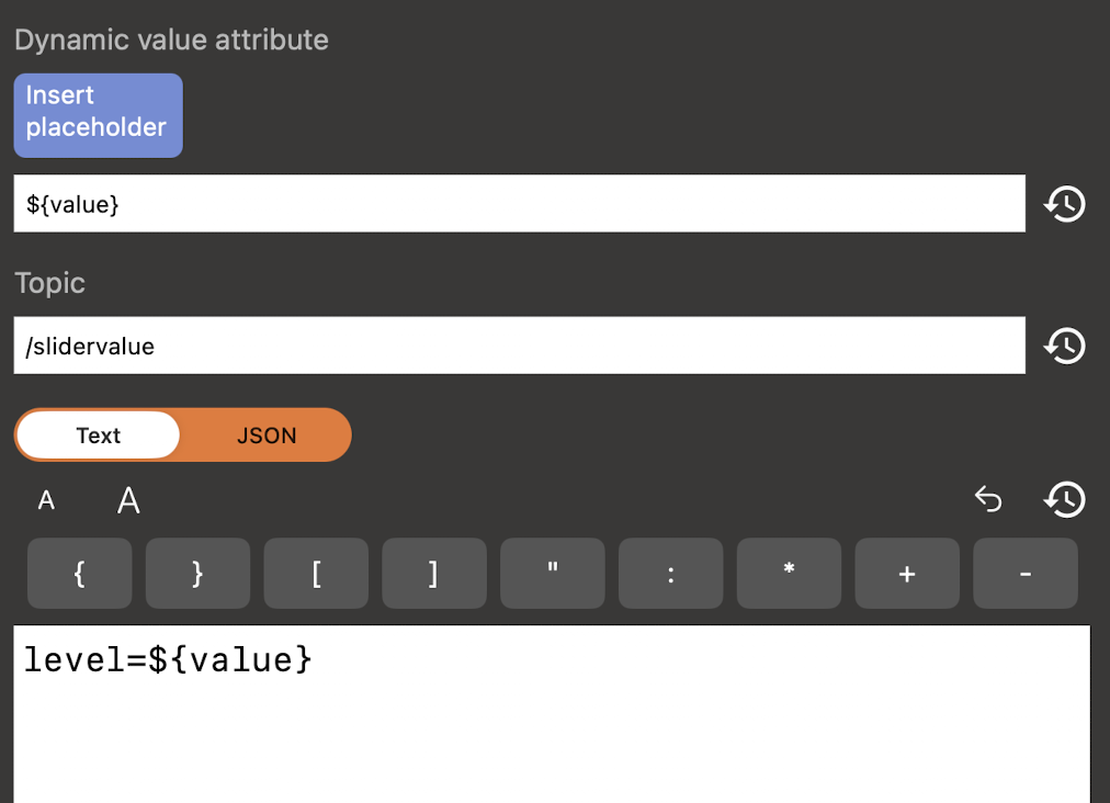 MQTT Range text editor with Insert Placeholder, Dynamic Value Attribute, topic, and level value pattern