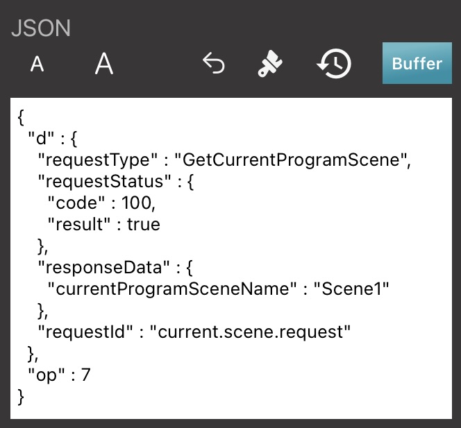 OBS Event buffer showing the current scene Request Response