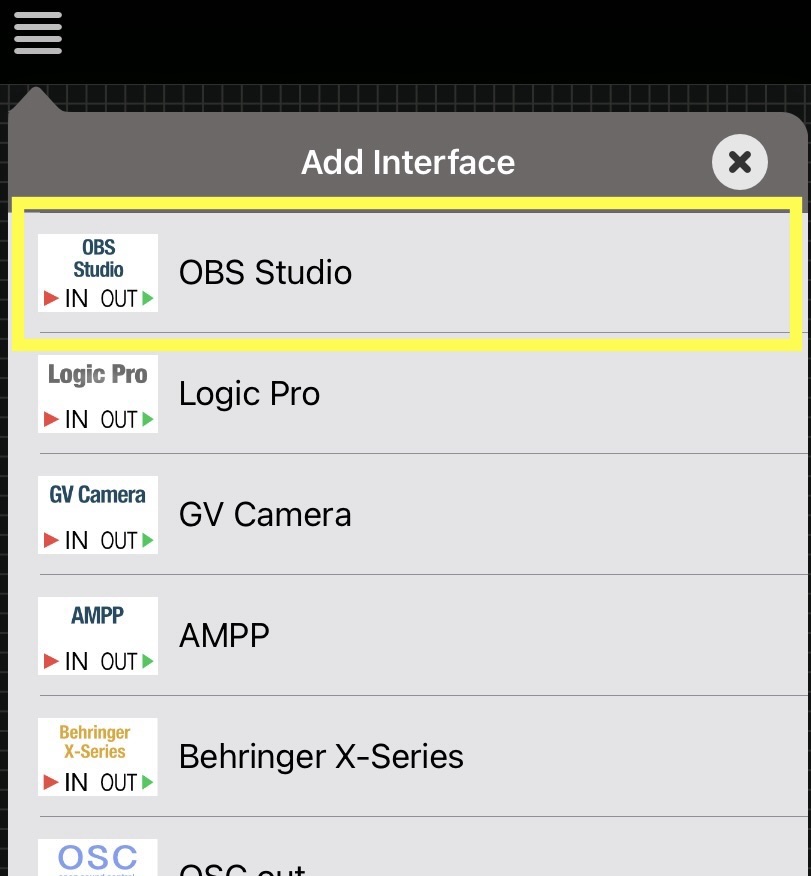 DeviceJockey Add Interface list with OBS Studio highlighted