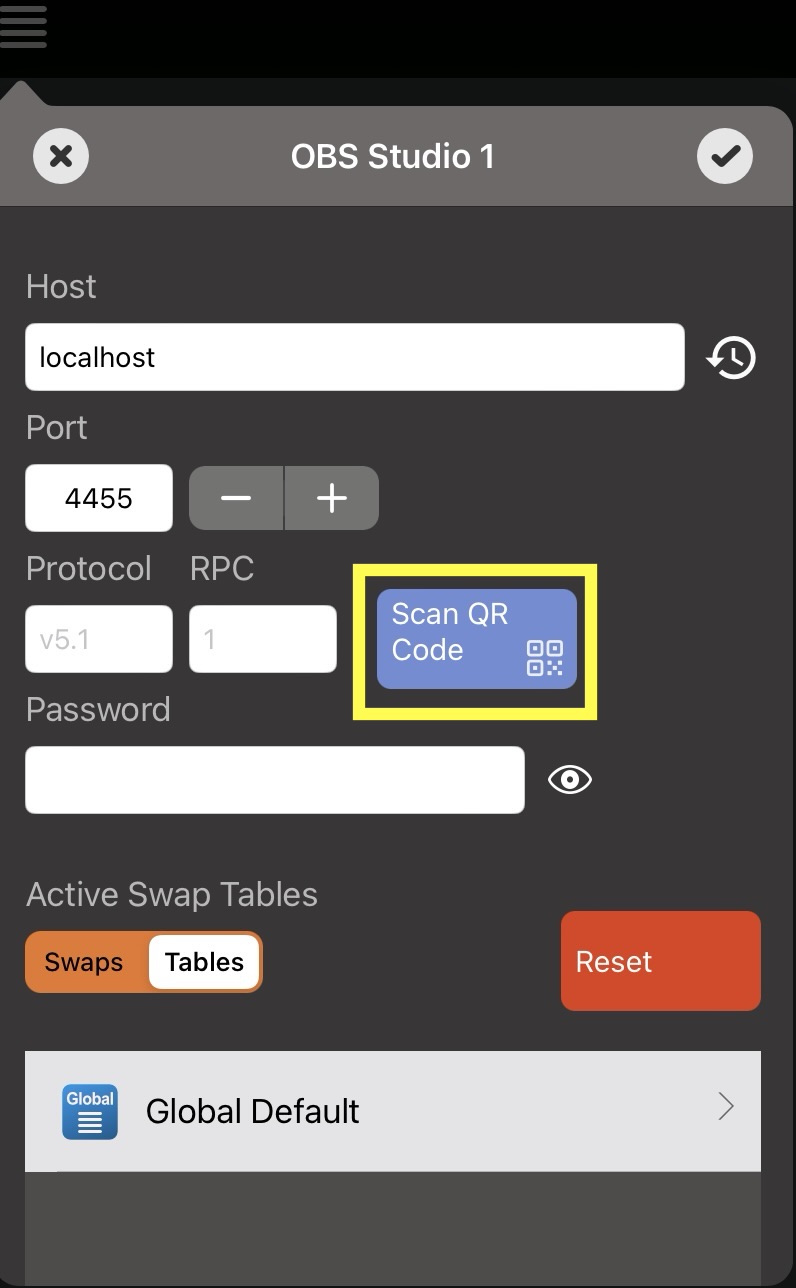 DeviceJockey OBS Studio interface settings with Scan QR Code highlighted