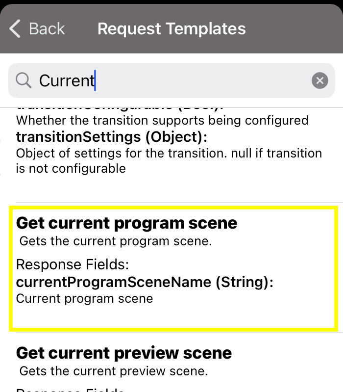 OBS template list with Get current program scene selected
