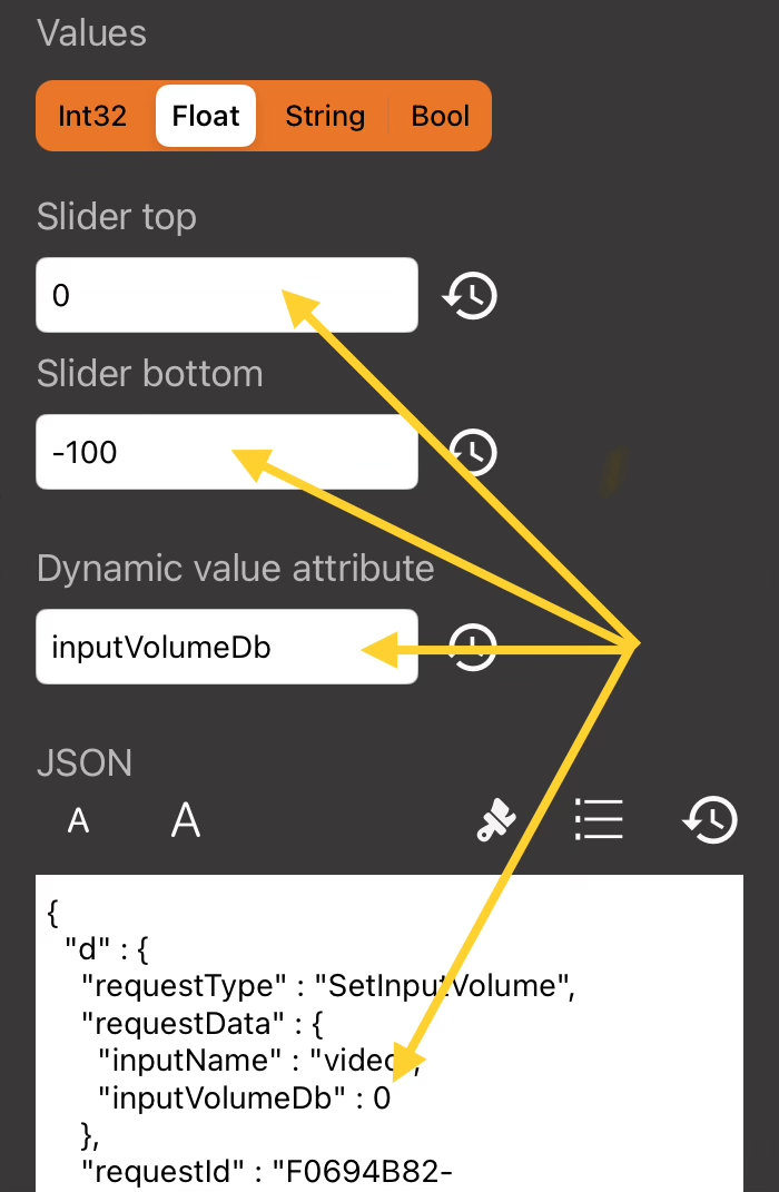 OBS Range editor showing Float, Slider top and bottom, inputVolumeDb, and the JSON request
