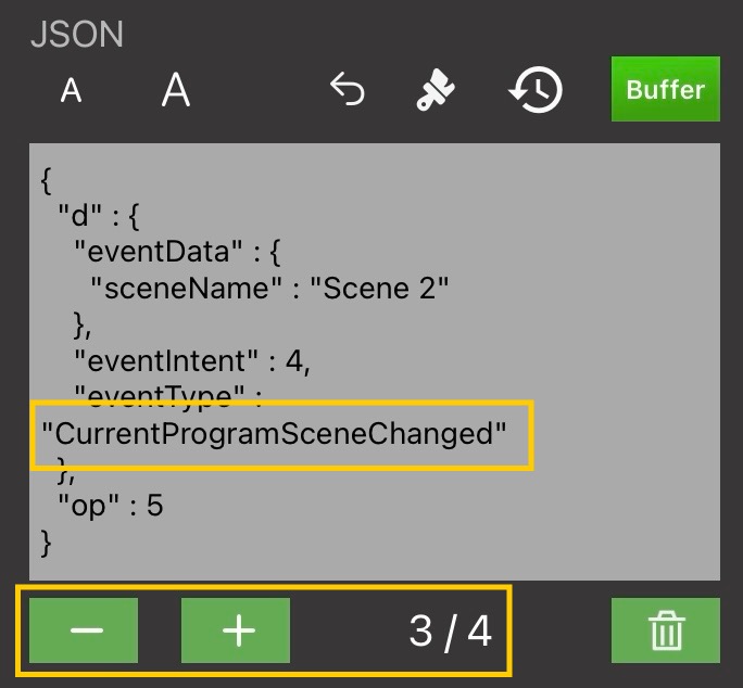 OBS Event buffer showing CurrentProgramSceneChanged