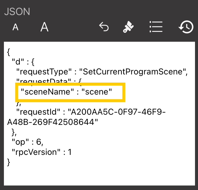 OBS JSON editor with the sceneName attribute highlighted