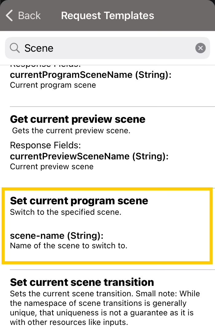 OBS Request Templates list with Set current program scene selected
