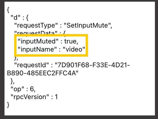 OBS JSON editor showing a SetInputMute request