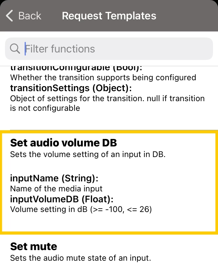 OBS Request Templates list with Set audio volume DB selected