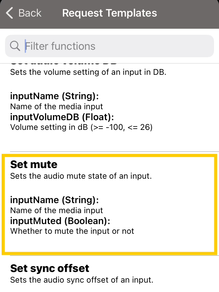 OBS Request Templates list with Set Mute selected