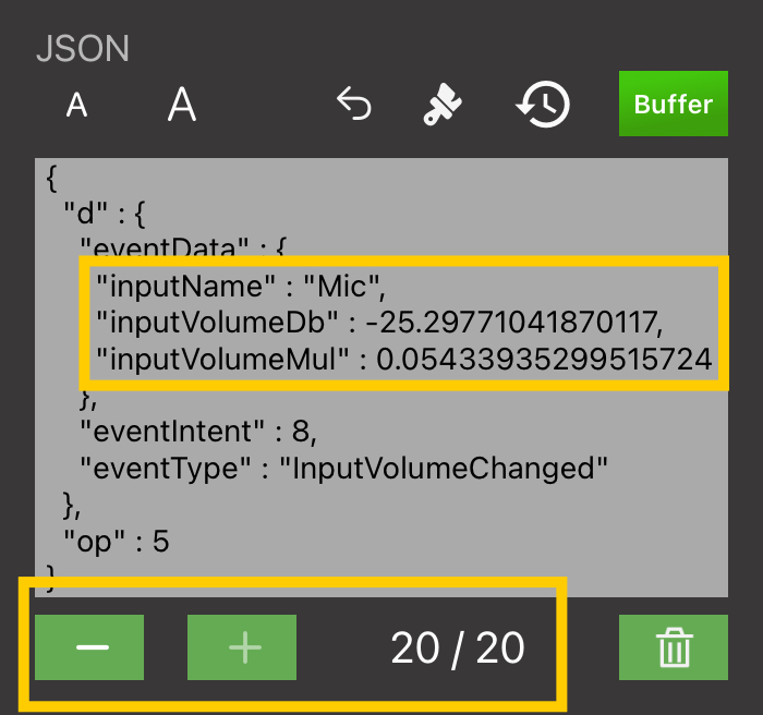 OBS Event buffer showing InputVolumeChanged