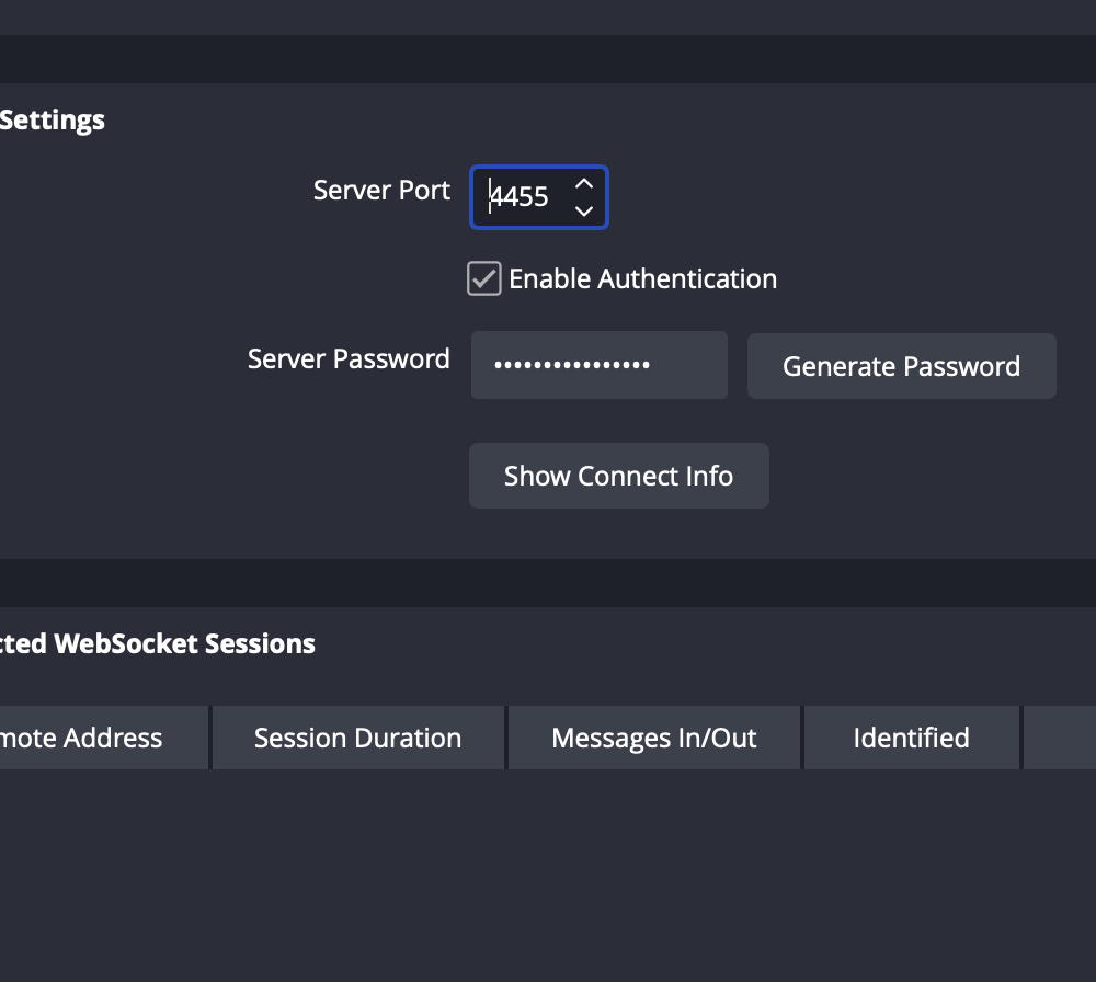 OBS WebSocket Server Settings with authentication and password controls