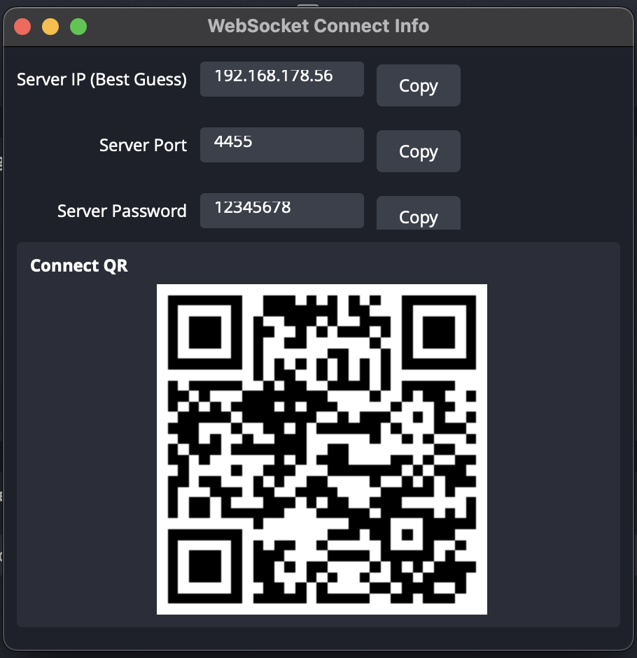 OBS WebSocket connection information with QR code