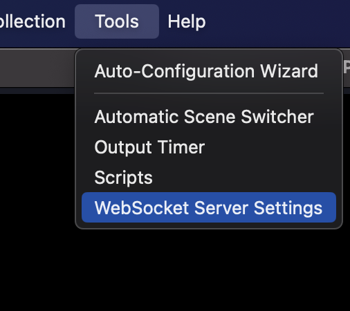 OBS Studio Tools menu with WebSocket Server Settings highlighted