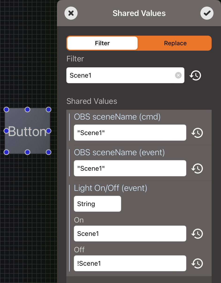 Shared Values list filtered for Scene1