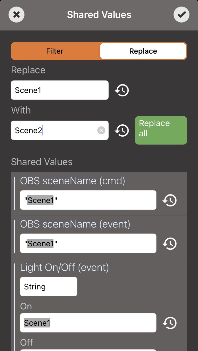 Scene1 entered in Replace and Scene2 entered in With