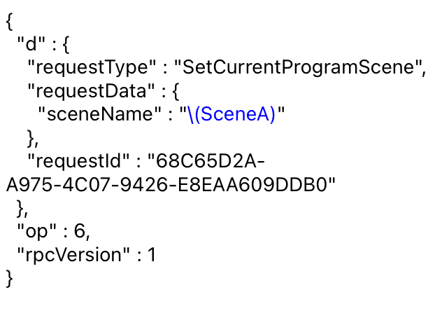 OBS JSON command containing the highlighted SceneA Swap placeholder